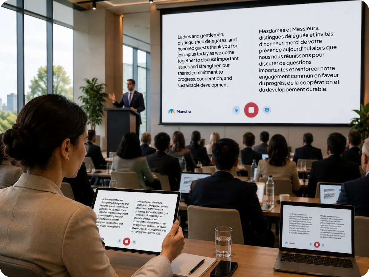Attendees in a venue following a stage presentation on their phones
